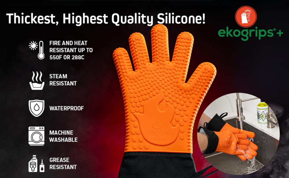 Heat-resistant silicone grilling gloves, waterproof and steam-proof up to 550°F.