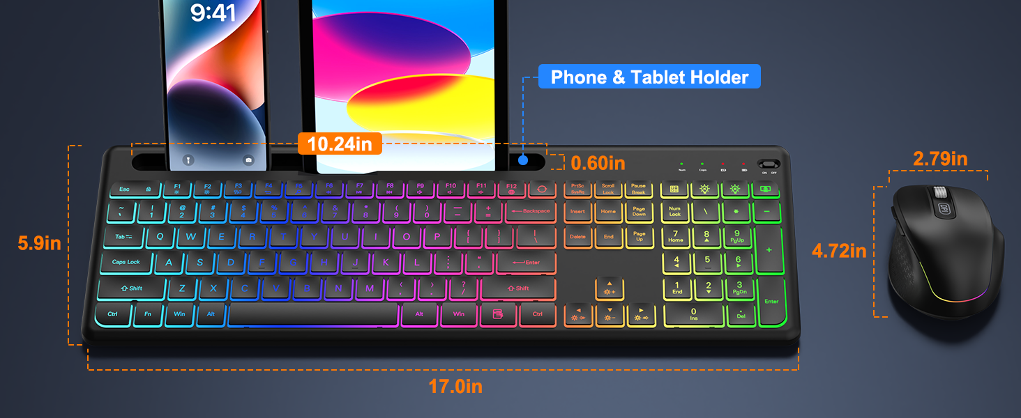 Wireless Keyboard and Mouse Combo -10 Colored Backlits, Phone Holder | Rechargeable