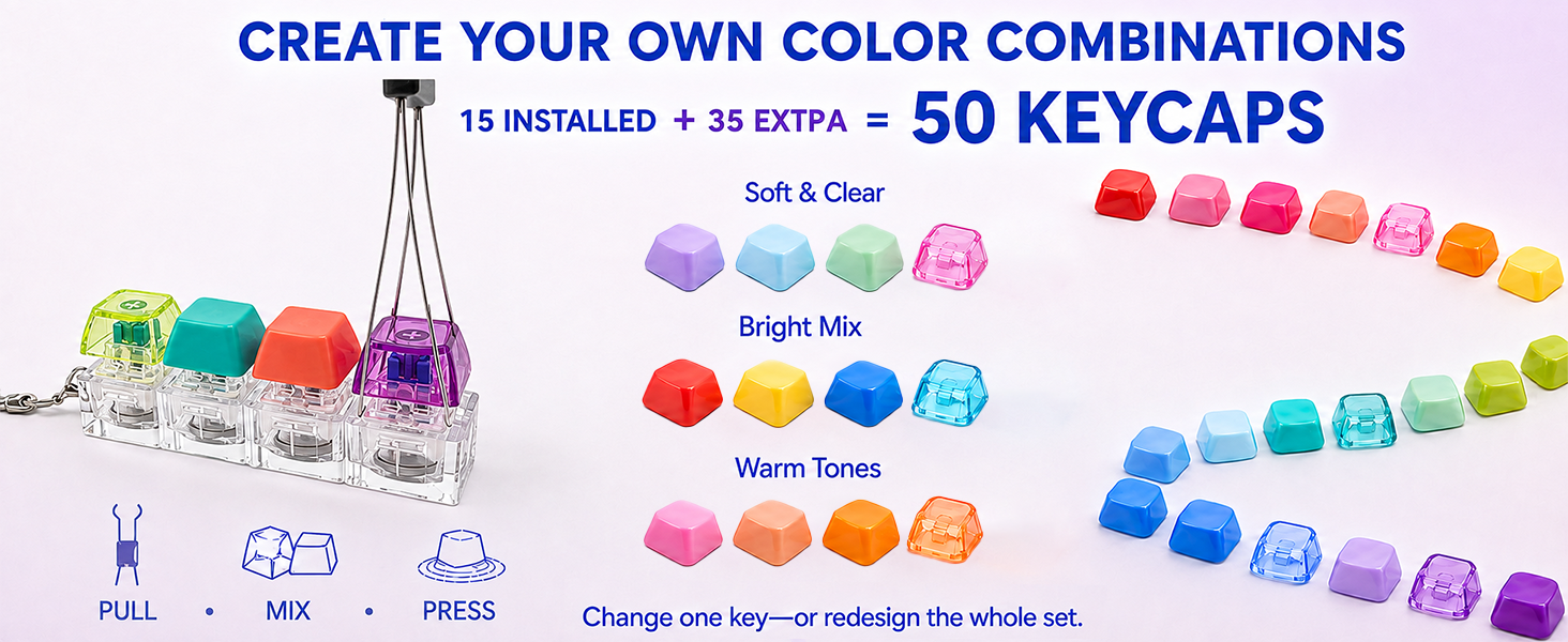 Mix transparent and solid keycaps to create your own look.