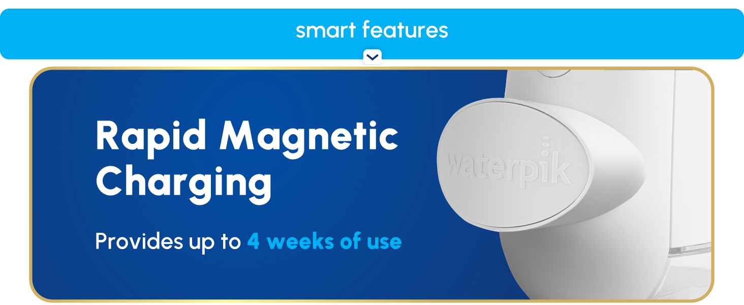Image of Waterpik Cordless Advanced water flosser charger with text reading rapid magnetic charging.