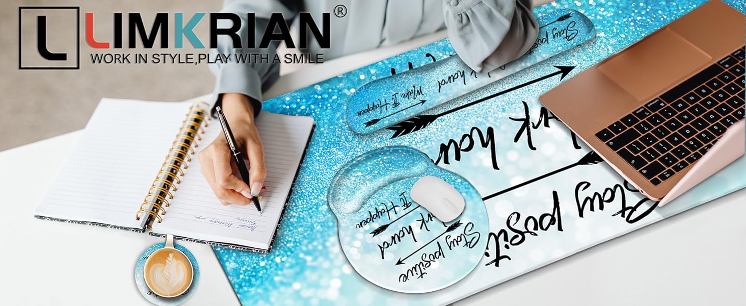 Stay Positive Desk Mat Ergonomic Mouse Pad Keyboard Mat Wrist Rest, Cup Coaster Set