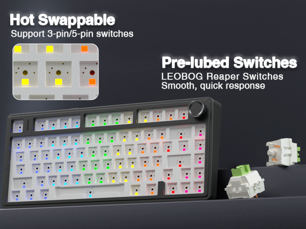 hot swappable mechanical custom keyboard creamy sound pre-lubed switches south-facing lighting
