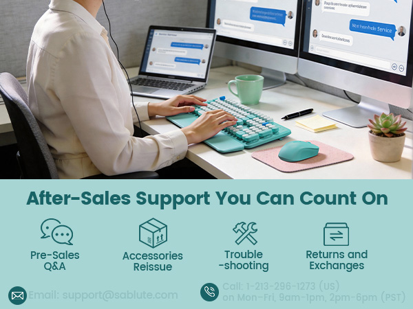 Customer using blue wireless keyboard mouse combo at desk if any issue contact Sablute support