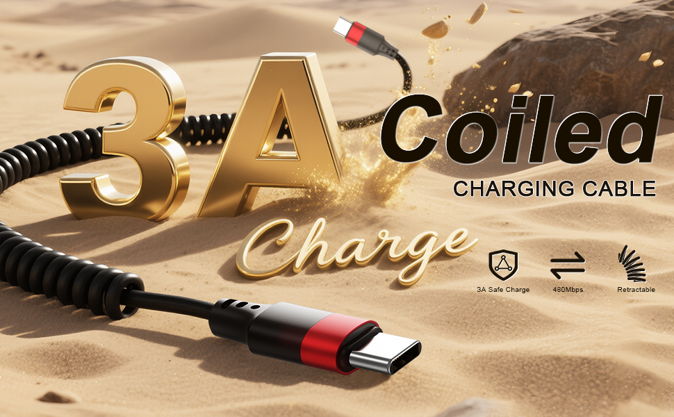 coiled USB C to USB C fast charging cable