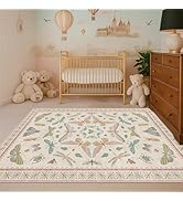Hazo Haus Neutral Girl Nursery Rug 4x6 - Beige &amp; Pink Rugs for Bedroom, Living Room - Washable Lo...