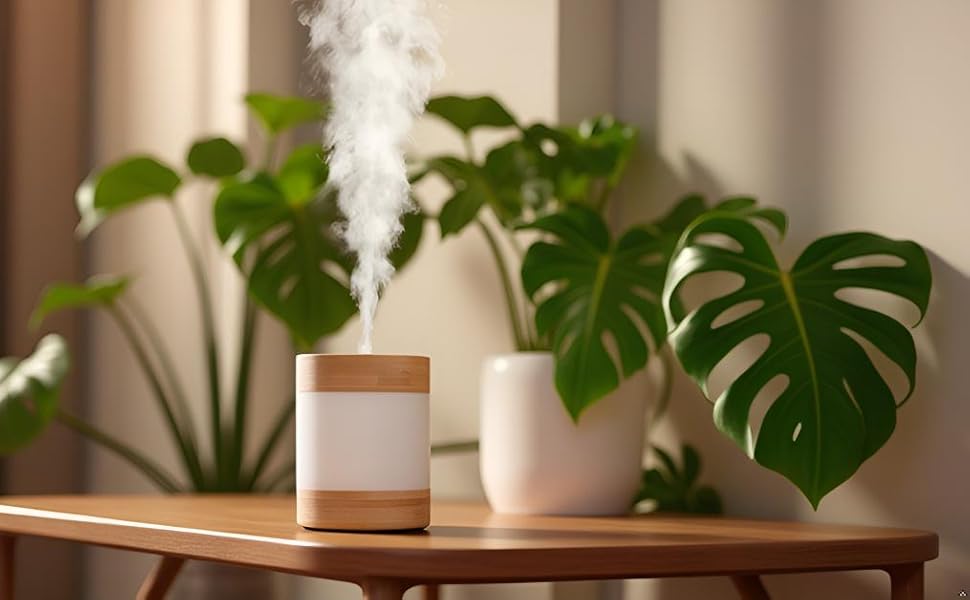 Edsonsoon bamboo humidifier on desk releasing mist, compact eco-friendly design