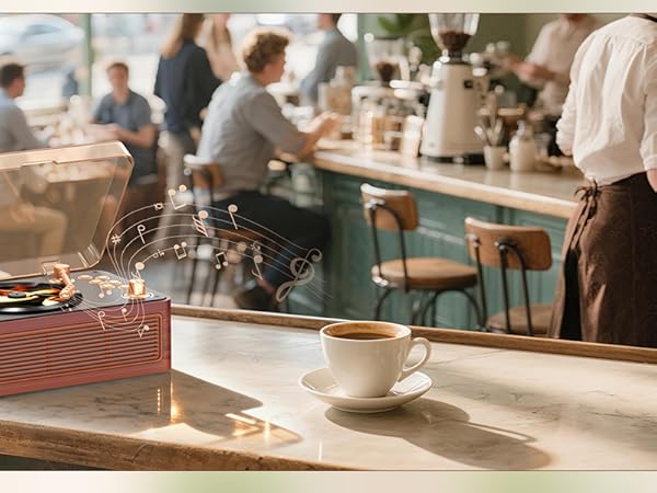 Interior views of a bustling cafe or restaurant space showing wooden furniture, tables, and customers dining.