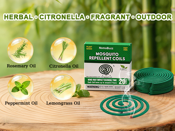 Plant-Based mosquito incense coils includes rosemary, citronella, peppermint, and lemongrass oils.