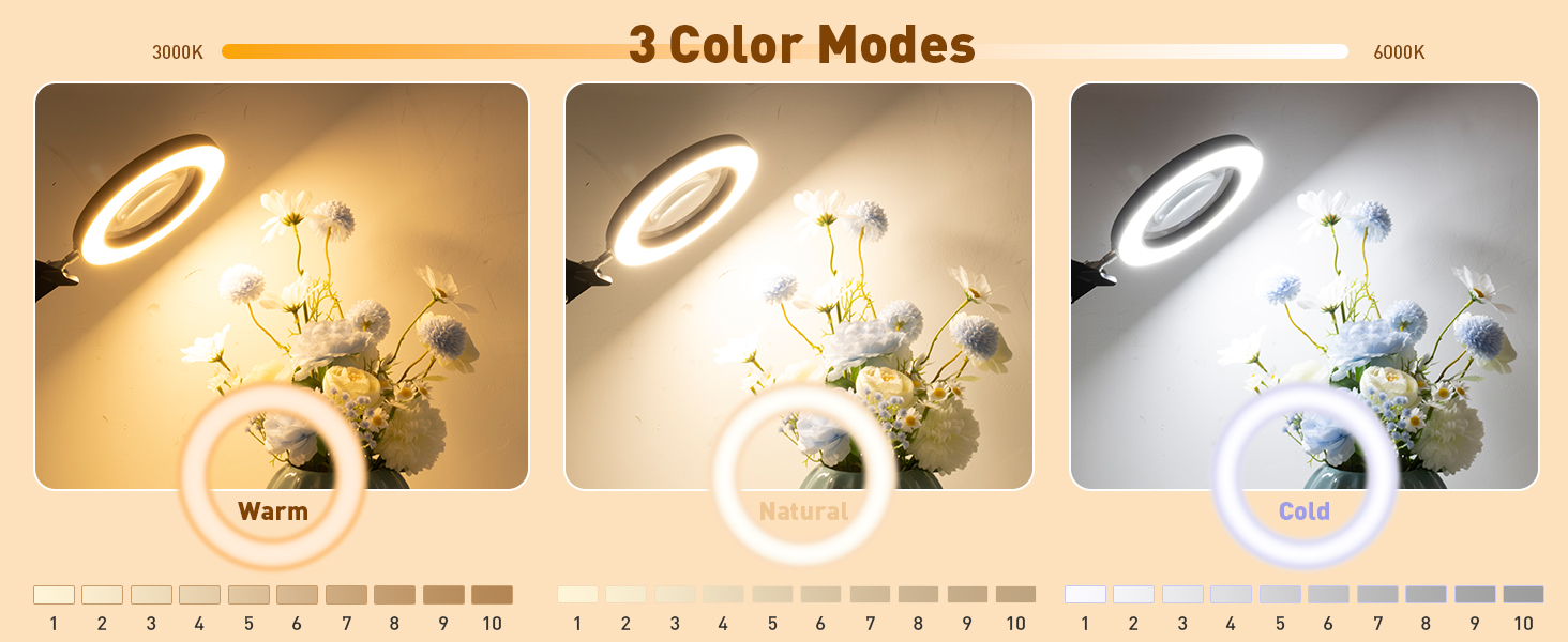 10 lever dimming and color adjustment magnifier with light and stand magnifying glass light