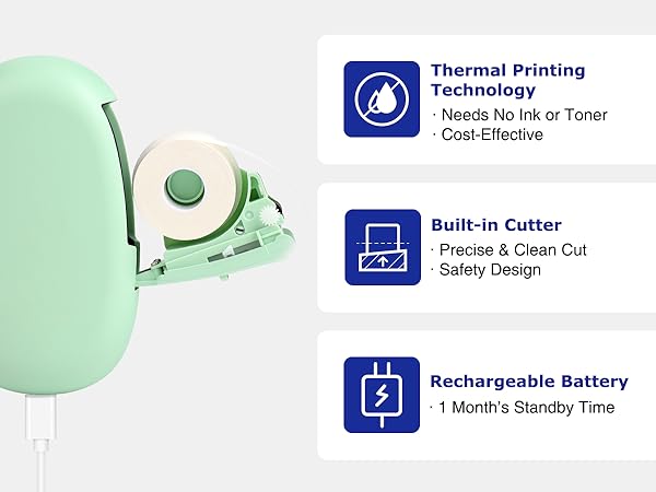 Ink-free label maker: Built-in cutter &amp;amp; rechargeable battery