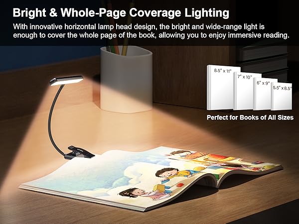 Flexible desk lamp illuminating an open book on wooden surface. Diagram shows lamp's coverage for various book sizes.