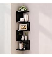 FRAWENLECO No-Drill Corner Shelf Wall Mount, 5-Tier Floating Corner Bookshelf with Hooks, Space-S...