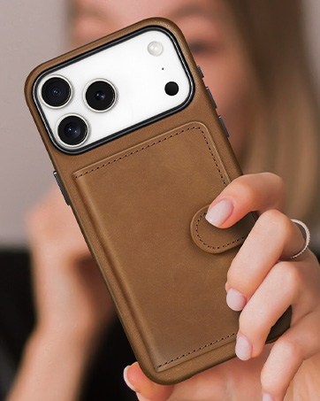 Multiple views of a brown leather phone case with card slot pocket, showing installation process and usage with what appears to be an iPhone with multiple camera lenses.