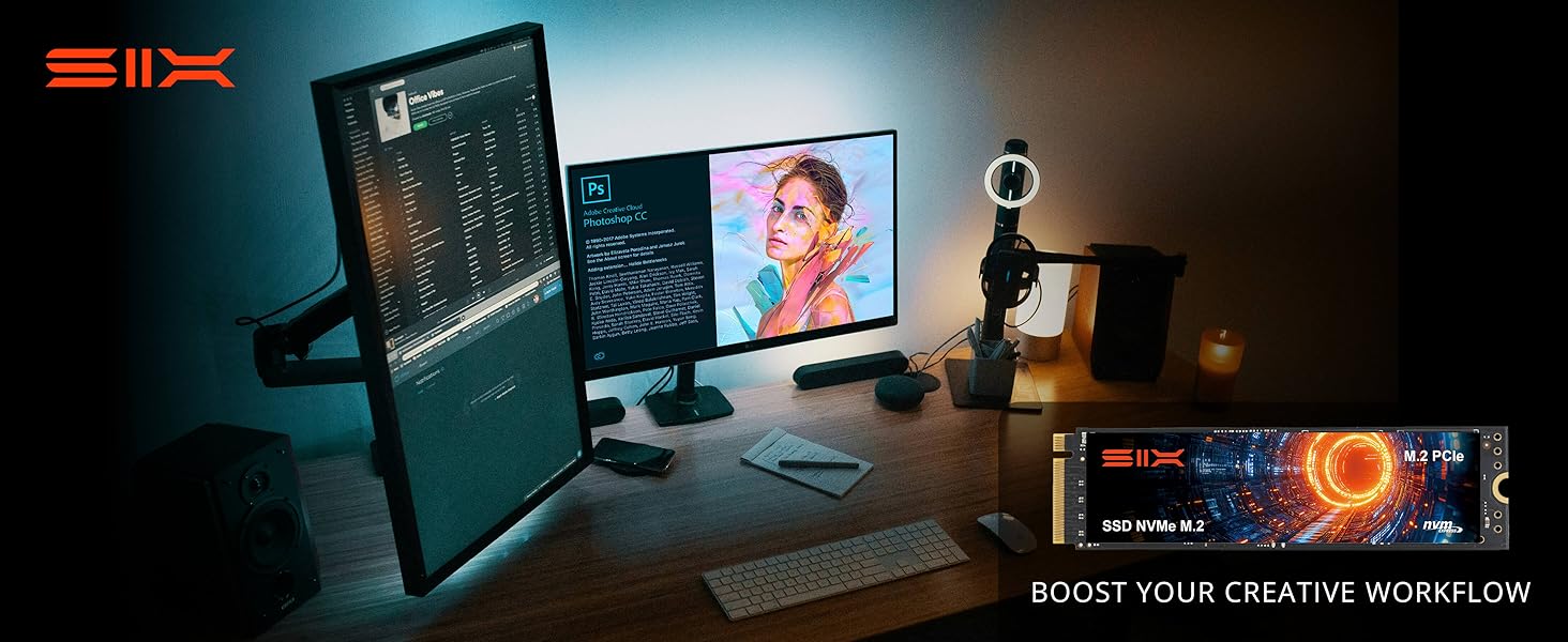 Desktop setup showing multiple monitors in dark room with ambient lighting. Gaming or workstation environment with illuminated screens.