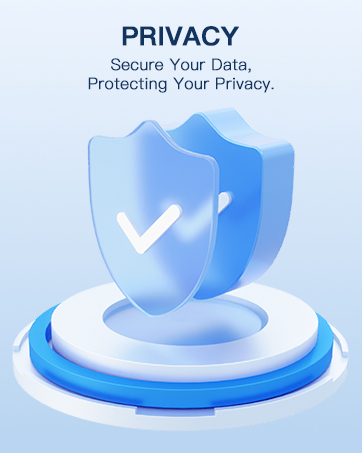 Text reads 'PRIVACY' and 'Secure Your Data, Protecting Your Privacy.' Blue and white shield icon with checkmark symbol on glowing circular platform.