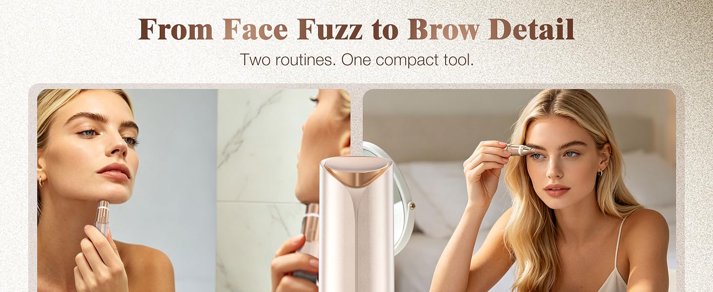 Two interchangeable heads for facial hair removal, brow shaping, and detail grooming.
