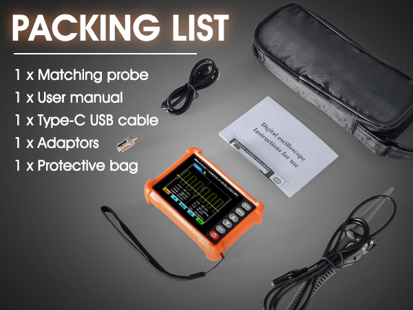 Text reads 'PACKING LIST'. Product contents layout showing: matching probe, USB manual, Type-C USB cable, adaptor, and protective bag with orange electronic device.