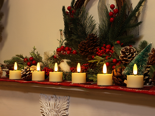 6 pcs led tea lights on mantel / fireplace for Christmas decor