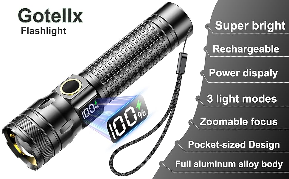 Rechargeable LED Flashlights with LCD Digital Power Display