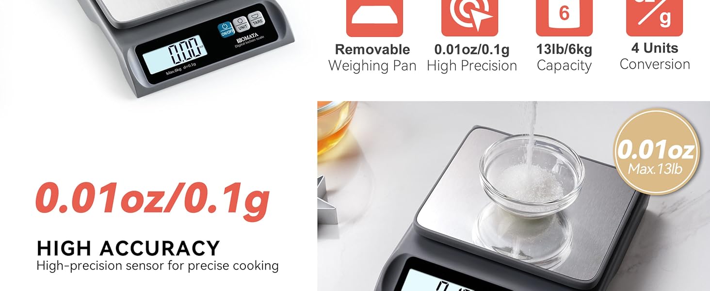 BOMATA 0.1g Food Scale, 13lb Digital Kitchen Scale with Removable Stainless Steel Pan