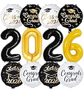PartyWoo Graduation Balloons Class of 2026 Black White Gold 12pcs Balloons 40 Inch 2026 Foil Numb...