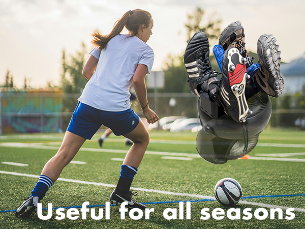 A girl playing soccer. The boot dryer sits on a fan, drying cleats and shoes