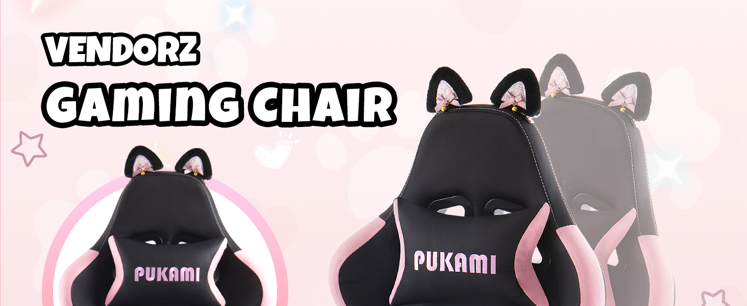 Gaming Chair with Cat Ears and Cat Paw Lumbar Cushion, Cute Ergonomic Gaming Computer Desk Chair