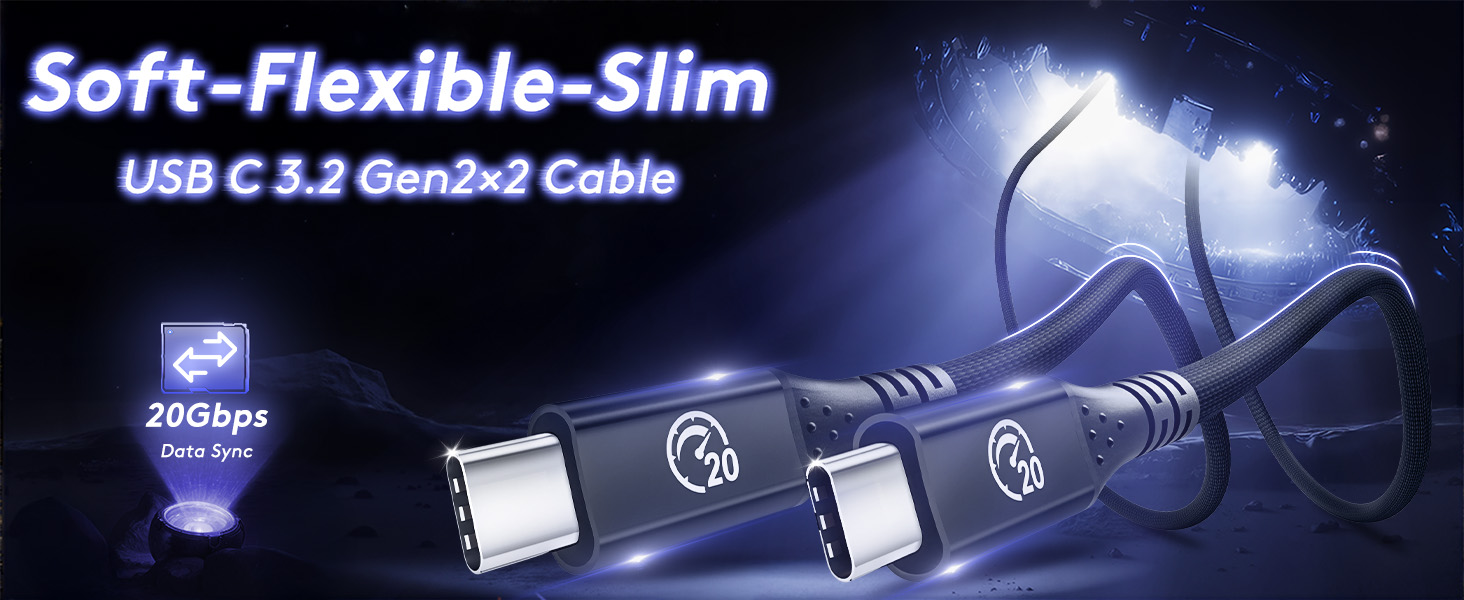 Soft Flexible Slim usb c 3.2 gen 2x2 cable 20gbps 10gbps high speed data transfer