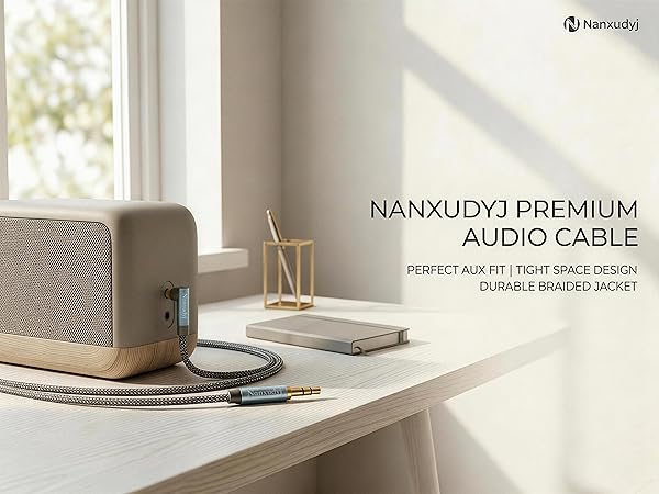 3.5mm right angle aux cable connected to home speaker and laptop for minimalist setup.