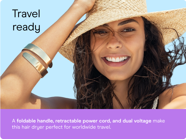 Conair small, mini, and compact hair dryer for travel. Handle folds for easy storage.