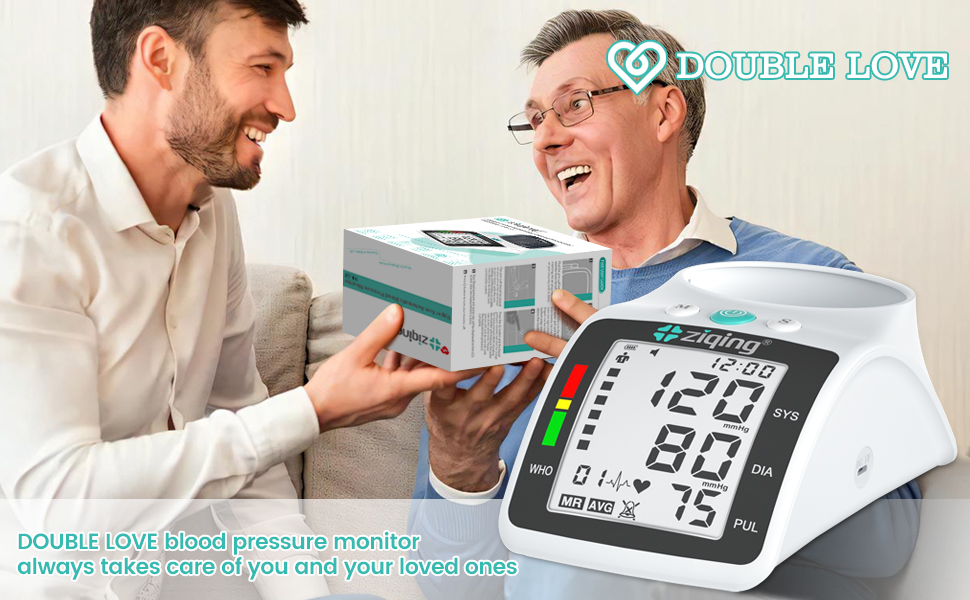 Digital blood pressure monitor with large LCD display showing systolic, diastolic, and pulse readings. White device with blue accents.