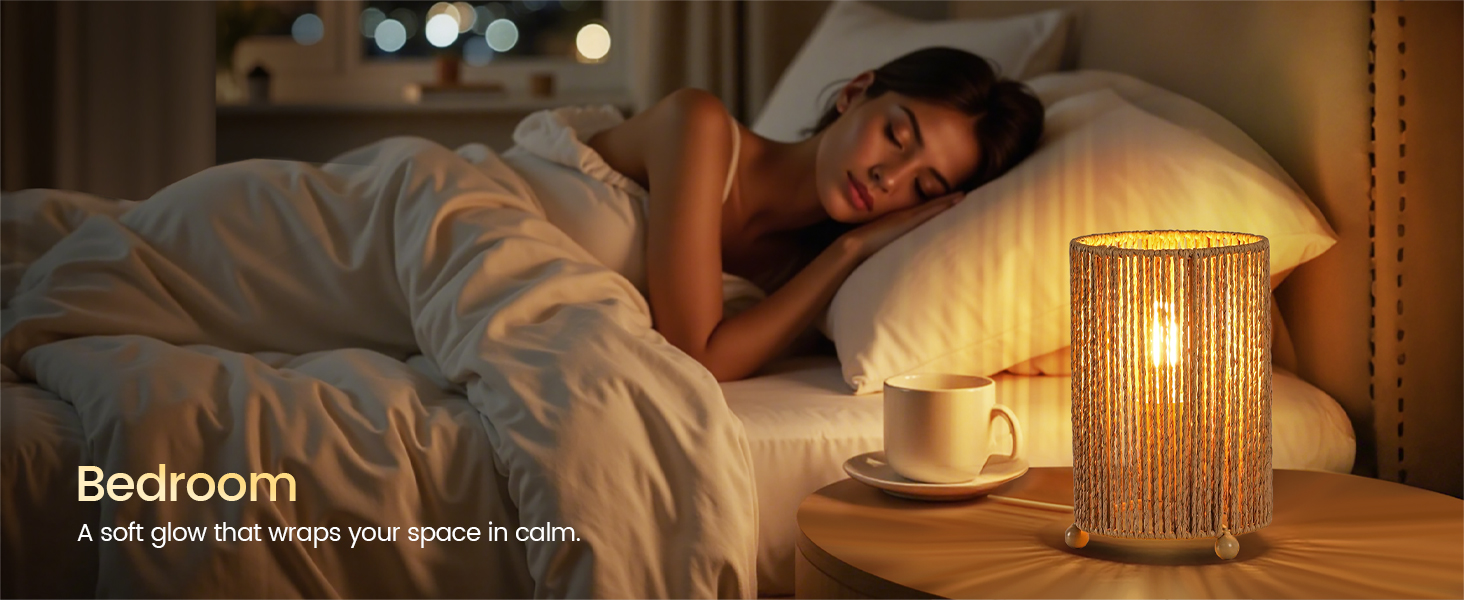 Text reads 'Bedroom' and 'a soft glow that wraps your space in calm'. Series of images showing warm, ambient lighting in bedroom settings.