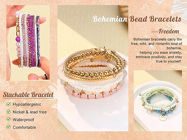 Bohemian Stackable Bead Bracelets for Women Stretch Bohemian Style Multilayered Boho Bracelet