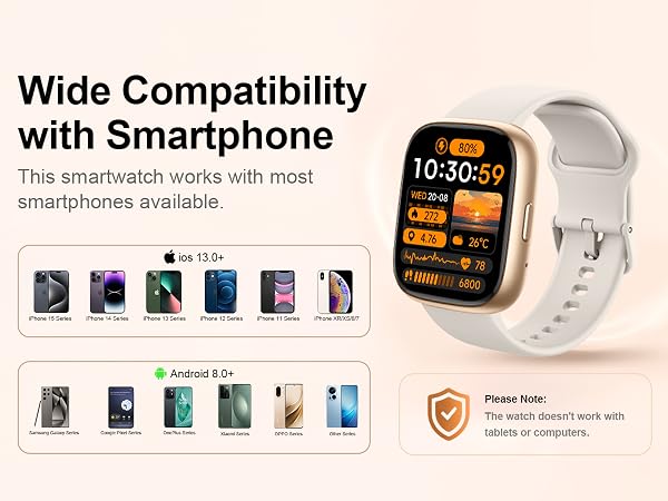 Text reads 'Wide Compatibility with Smartphone' and 'This smartwatch works with most smartphones available'. Smartwatch with square orange display showing time 10:30:59, white silicone band. Compatible device icons shown for iOS and Android platforms below.