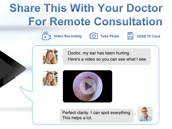 Share ear photos and videos with doctor via 32GB card for consultation