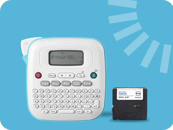 P-touch PT-N20 desktop label maker with included Btag 12mm wide black on light blue label tape