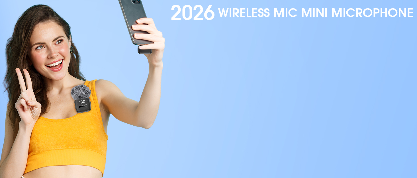 Text reads '2026 WIRELESS MIC MINI MICROPHONE' on blue background. Woman in yellow top holding smartphone demonstrating wireless microphone device against her ear.