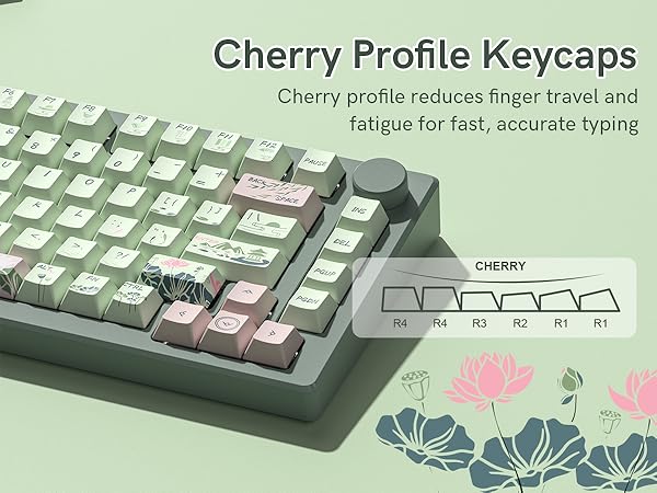 Cherry profile reduces finger travel and fatigue for fast, accurate typing