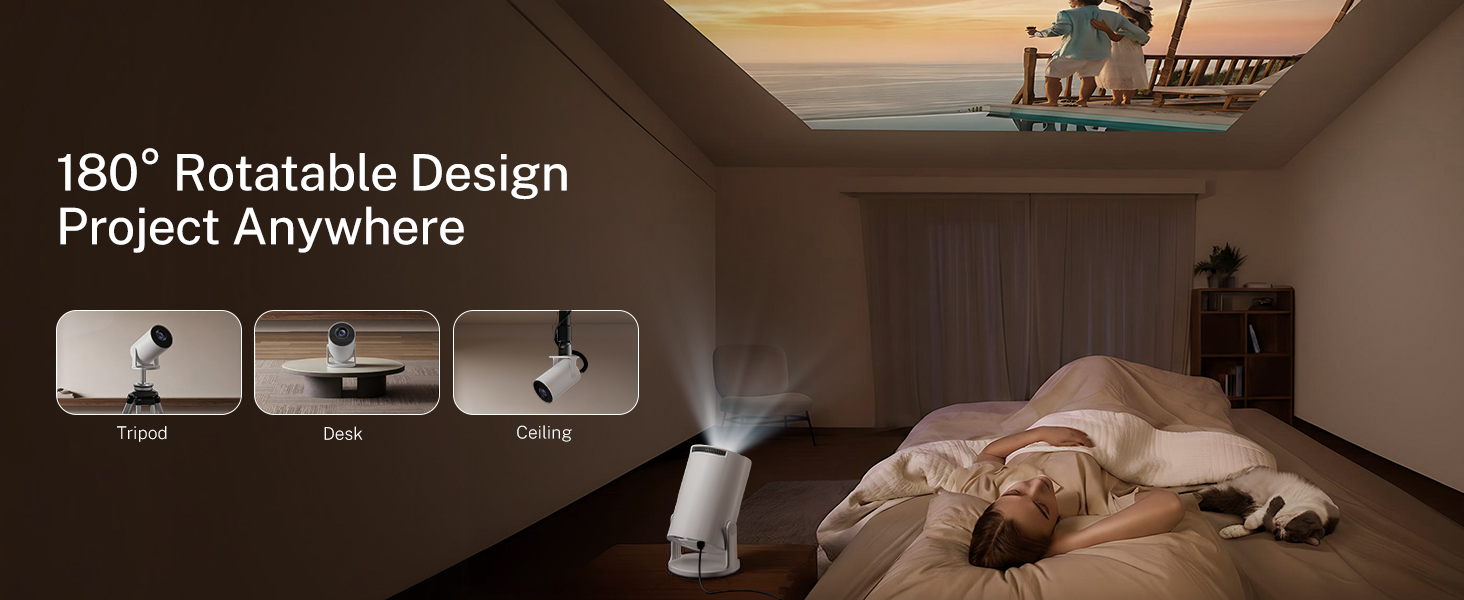 Text reads '180° Rotatable Design Project Anywhere' with three icons showing rotation capabilities. Dark room scene with projected display and resting dog visible.