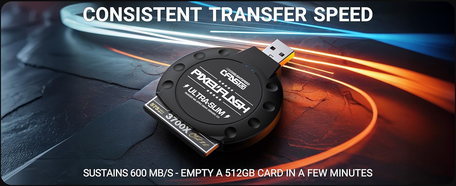 Black PixelFlash Classic CFast reader adapter, consistent 600MB/s transfer speed performance