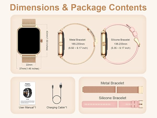 Text reads 'Dimensions &amp; Package Contents' showing smartwatch with metal and silicone bracelets, user manual, charging cable, and product specifications displayed in organized layout.