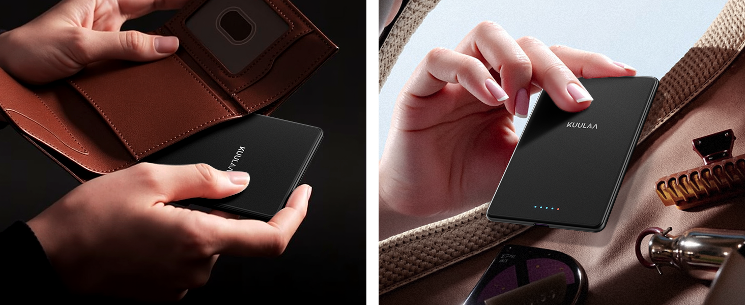 Slim black electronic device held in hand, being placed into or removed from a brown leather wallet. Device appears to have minimal buttons or features visible.