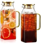 2 Pack 2 Liter/68 oz Square Glass Pitcher with Lid, Classic Stripes Water Pitchers with Handle fo...