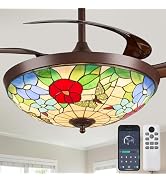 Kunywooe 48" Retractable Ceiling Fan with Light, Stained Glass Vintage Fandelier with Remote, 6-S...