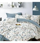 LEMIROE 100% Natural Cotton Duvet Cover Queen Size,Printed Green &amp; Red Botanical Patterns on Crea...