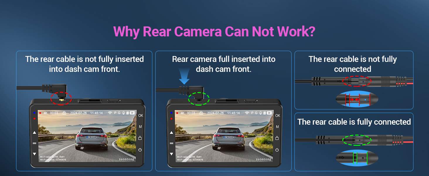Diagnostic diagram showing three rear camera connection states for vehicle backup camera system, with screen displays demonstrating working and non-working states.