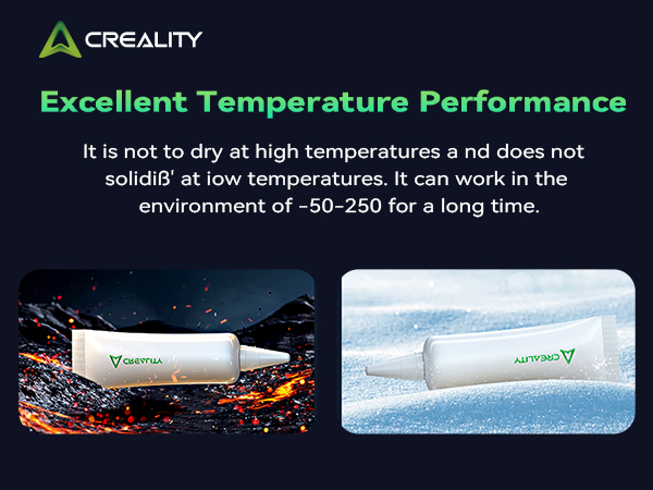 Creality product temperature performance advertisement showing product in extreme hot and cold environments, operating between -50-250 degrees.