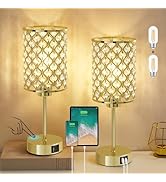 Crystal Table Lamps Set of 2, Gold Touch Lamp for Nightstand with USB C+A Ports, 3 Way Dimmable S...