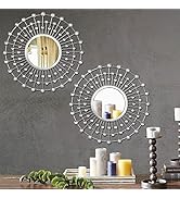 2 Set 18'' Silver Jeweled Circle Mirrors for Wall Metal Bling Mirrors Rhinestone Diamond Home Déc...
