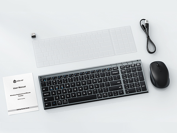 Package includes: 1* Keyboard, 1* Mouse, 1* User Manual, 1* Charging Cable.